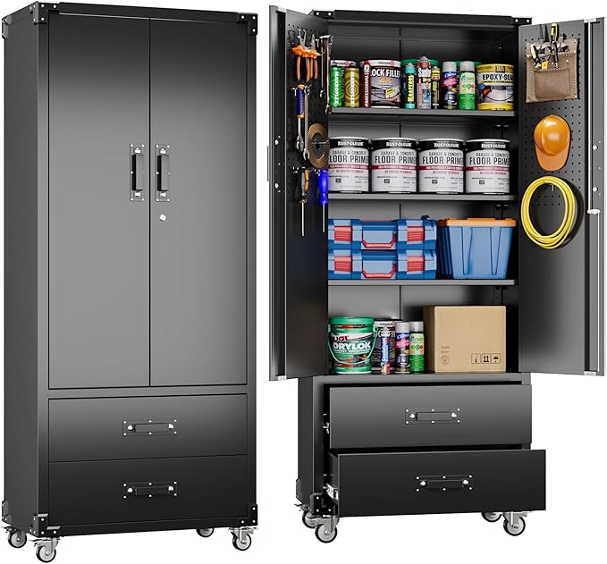 Upgraded Metal Garage Storage Cabinet with Wheels and 2 Drawers, Rolling Tool Cabinet with 3 Shelves and Pegboard Behind The Door for Home Office Garage,Assembly Required,Black