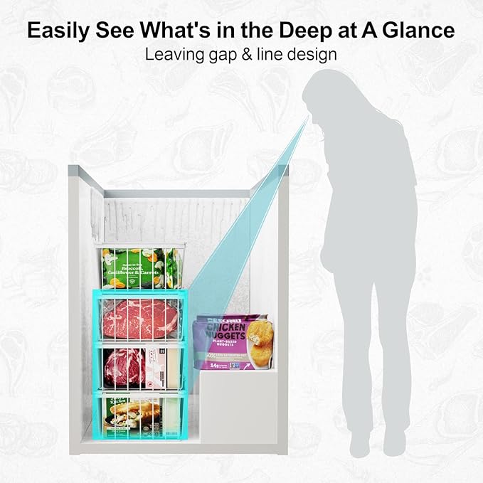 iSPECLE Freezer Organizer Bins - 4 Pack Stackable Chest Freezer Organizer for 5 Cu Ft Deep Freezer Sort Frozen Food, Deep Freezer Organizer Bins Easy to Get Food from Bottom without Digging, White