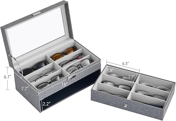 CO-Z Sunglasses Organizer with 12 Slots, Linen Eyeglasses Storage Box for Women Men, 2 Story Lockable Display Case for Multiple Glasses, Sunglasses Jewelry Collection Holder with Drawer, Grey