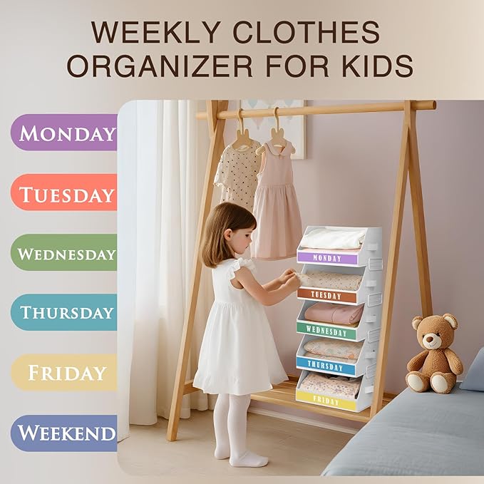 Closet Organizers and Storage - 5 Tier Shelf Organizer with Weekly Labels, Stackable Storage Bins with Metal Frame, Foldable Cube Bins, Home Baskets for Kids and Adults, White