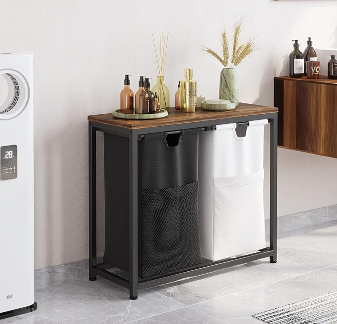 Laundry Basket Double Laundry Hamper with Removable Bags, Fabric Handles, Large Top Shelf and Laundry Bag for Bathroom, Dorm, Laundry Room