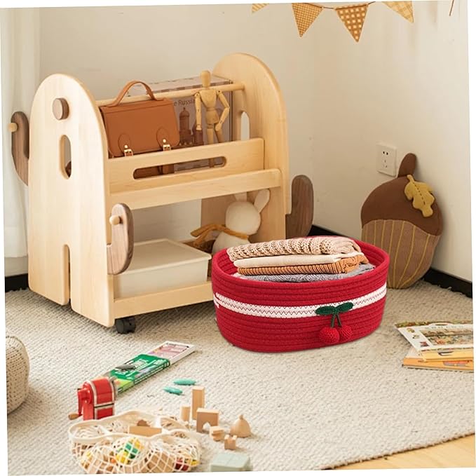 Organizer Baskets 12x8in Rectangle Cozy Woven Cherry Cute Basket Stackable Small Storage Bins for Kids Pets Toy Shelves