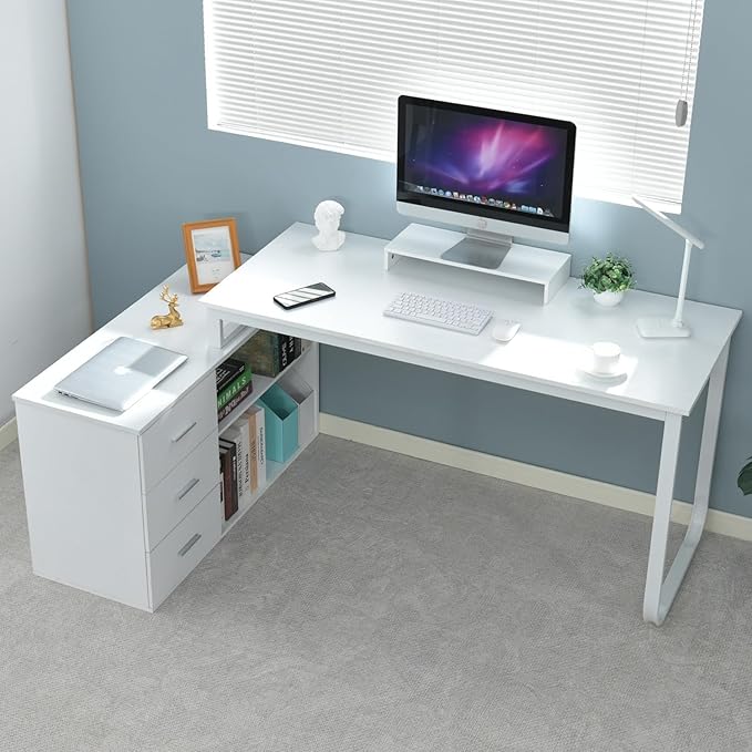 55 Inch Reversible L Shaped Desk with 3 Drawers, White Craft Desk with Storage, Corner Computer Escritorio with Shelves and Monitor Stand for Bedroom, White