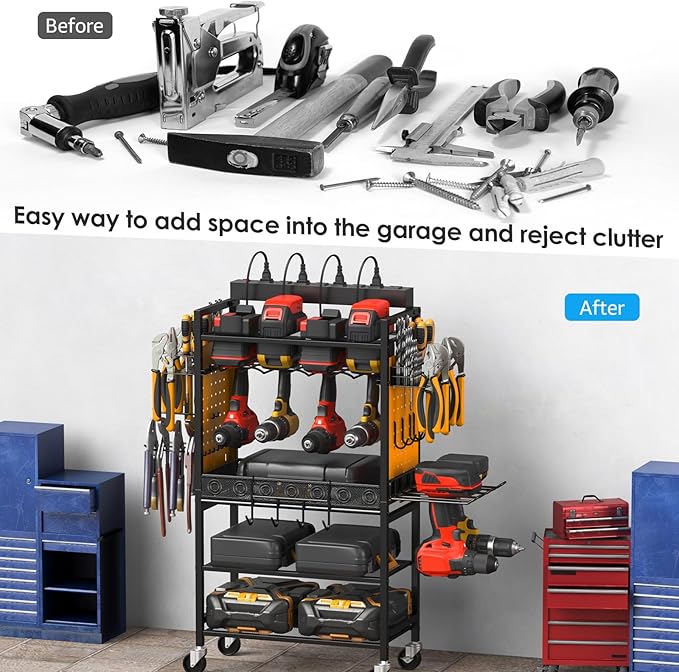 CCCEI Power Tool Organizer Cart with Charging Station, Garage Floor Rolling Storage Cart on Wheels for Mechanic, Mobile 6 Drill, Tool Box Utility Cart with Power Strip, Yellow.