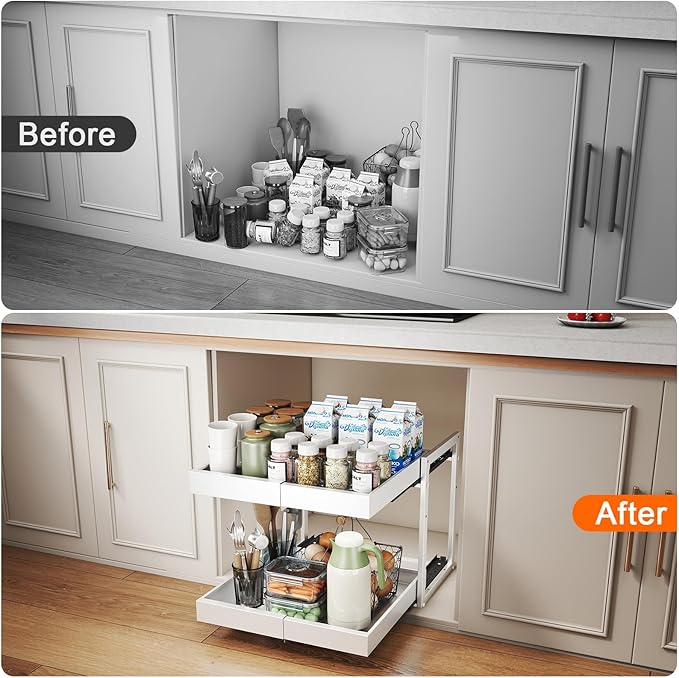Golener 2-Tier Expandable Pull Out Cabinet Organizer - Slide Out Drawers for Kitchen Cabinets, Bathroom Organizers and Storage, Under Sink Organizer for Kitchen Storage Organization, White Metal Frame
