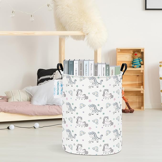 LANGYASHAN Laundry Basket Canvas Fabric Collapsible Organizer Basket for Storage Bin Toy Bins Gift Baskets Bedroom Clothes Children Nursery Hamper (Rainbow Unicorn)