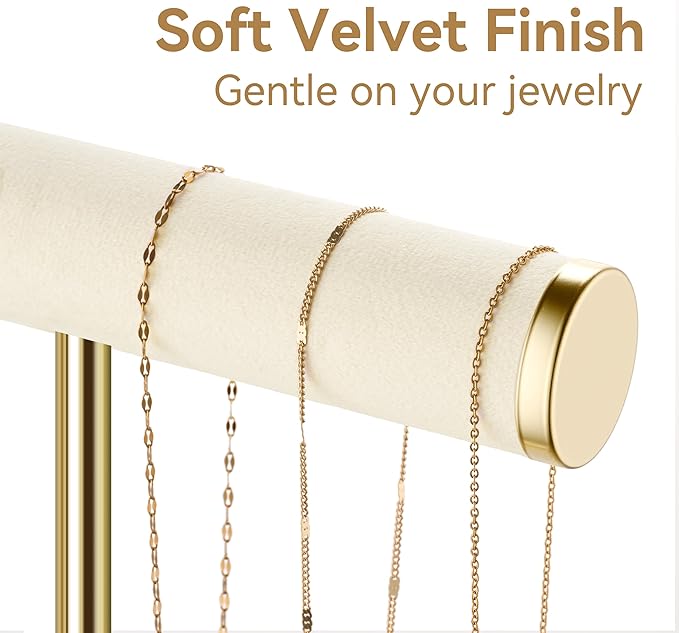 Bracelet Holder Jewelry Organizer Display - 3 Tier T Bar Velvet Stand, Beige Necklace Holder Organizer, Bracelet Holder, Earring Holder and Ring Display for Jewelry Organizers and Storage