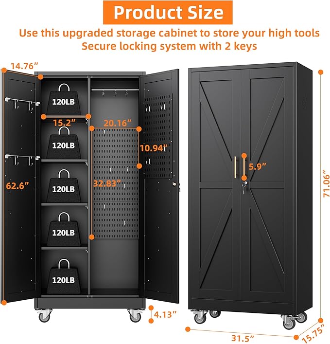 Aobabo Broom Closet Storage Cabinet with 4 Shelves, Garage Storage Cabinet with Wheels and Pegboard and Metal Hooks, Hanging Rod for Brooms and Mops,Kitchen Pantry, Black, Assembly Required