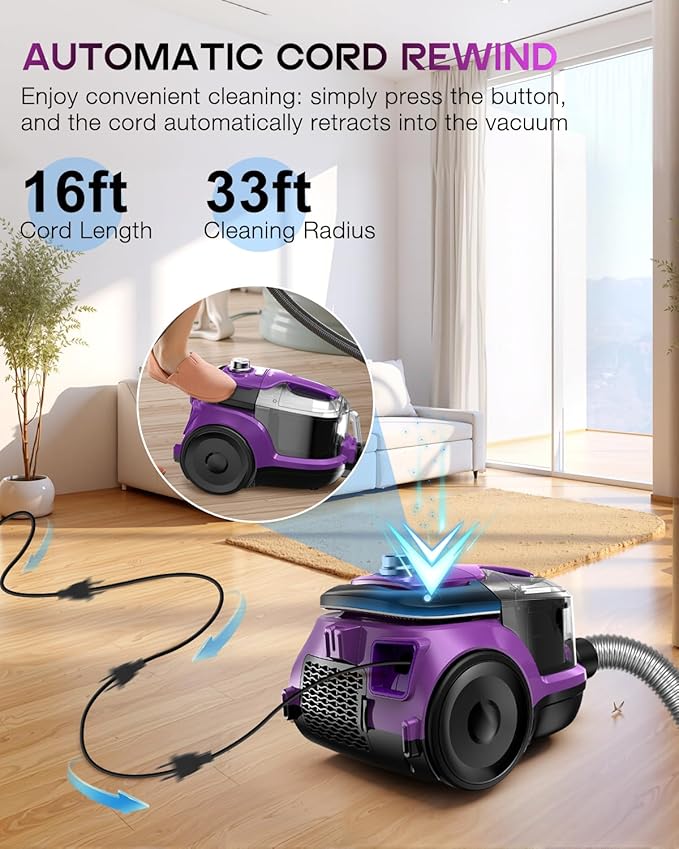 Zefiro Canister Vacuum Cleaner, Bagless Canister Vacuum for Home, Powerful Suction, Auto Cord Rewind, HEPA Filter, Corded Vacuum for Hard Floors, Carpet, Apartment/Rental Friendly(Purple&Gray)