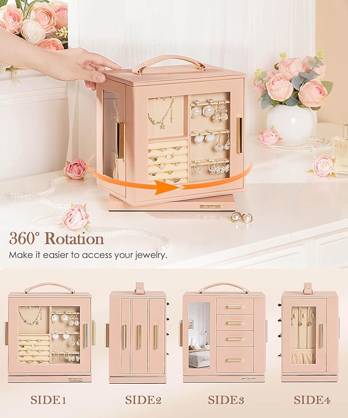 Homde Christmas Gifts Jewelry Box 360° Rotating, Necklace Earring Organizer with Transparent Window, Mirror, 7 Drawers, Large Ring Display Storage Case for Girls Women (Peach Pink)