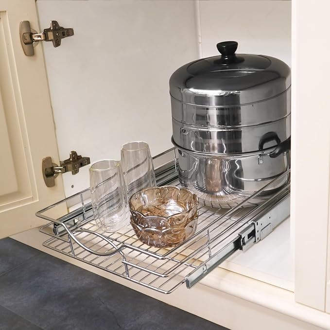 Pull Out Cabinet Organizer 26" W x 21" D, Heavy Duty Kitchen Cabinet Pull Out Shelves, Slide Out Wire Basket for Kitchen Cabinets, Bathroom, Pantry, Chrome Finish