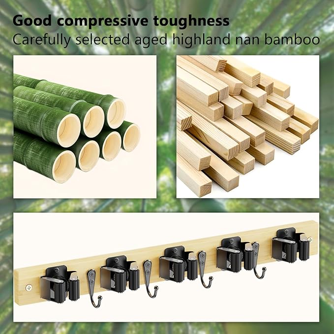 Mop and Broom Holder Wall Mount - Bamboo Broom Mop Hanger - Wall Mounted Garden Tool Rack Organizer for Closet Garage Laundry Room Kitchen Decor With 5 Slots & 4 Hooks