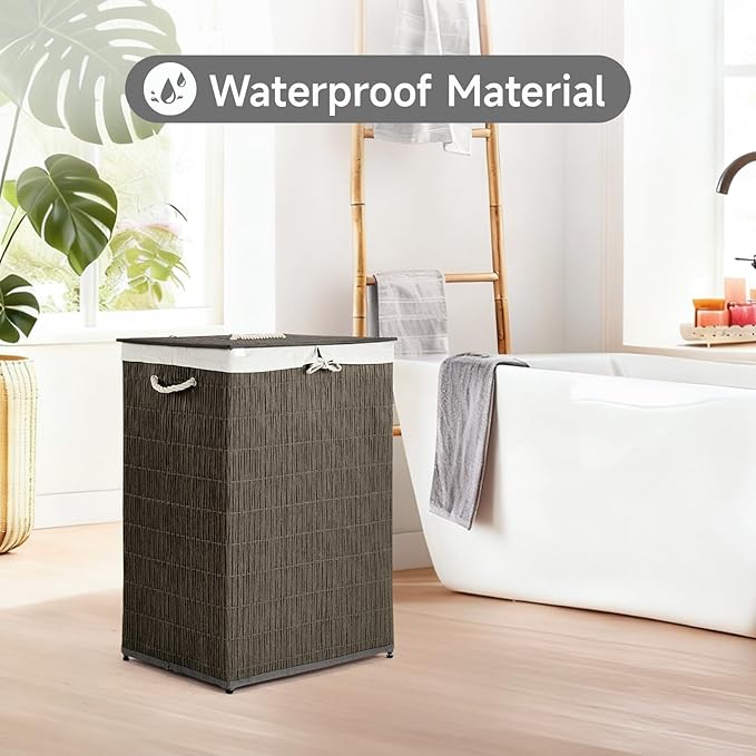 Laundry Hamper with Lid, 52.8 Gallon(200L) Large Laundry Basket 2 Removable Liner Bags, Synthetic Rattan Clothes Hamper with Side Pocket, laundry organization for bathroom, laundry room, Grey