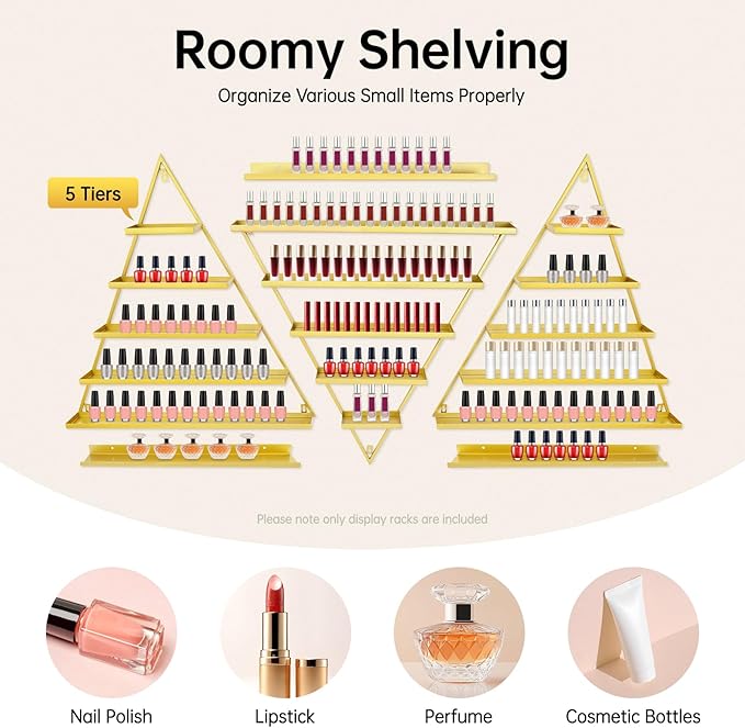 6PCS Nail Polish Racks, 5 Tiers Heart-Shaped Cosmetic Display Racks, Triangular Floating Wall Mount Cosmetic Display Shelves for Home Spa Nail Salon Shop