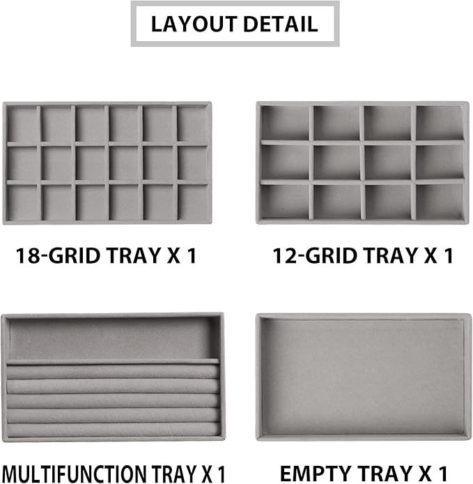 Frebeauty Jewelry Organizer Tray,Stackable Velvet Jewelry Trays,Drawer Inserts Earring Organizer For Women Jewelry Storage Display Case for Rings Stud Necklaces,Set of 4(Grey)