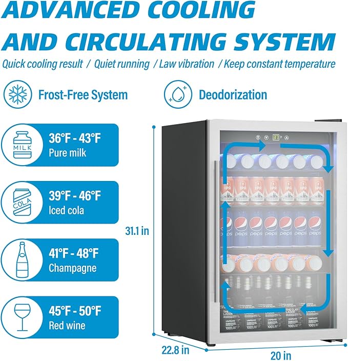 4.5 Cubic Feet Mini Fridge, 145 Can Freestanding Beverage Refrigerator with Glass Front Door for Soda, Beer Under Counter Drink Refrigerator with Adjustable Shelves and Digital Display