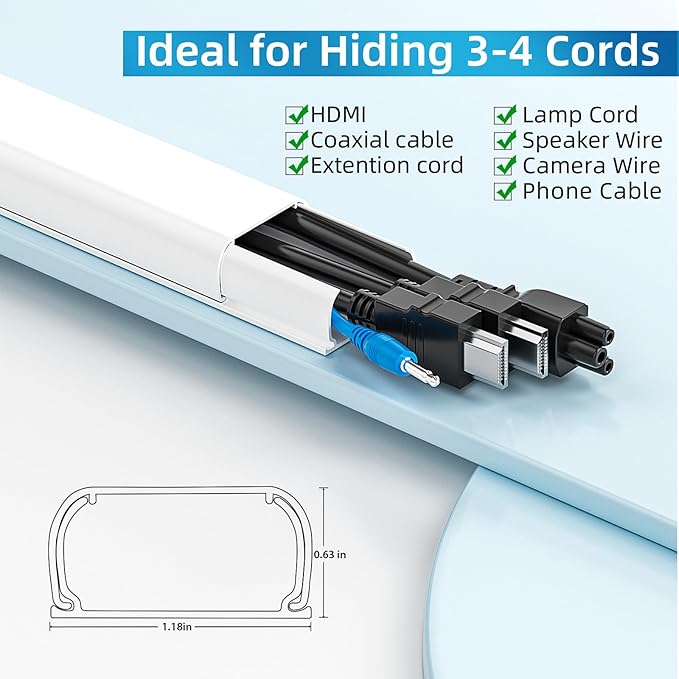 Yecaye 142in Wall Cord Hider for 3-4 Cords, On-Wall Cord Cover Channel, Cable Concealer, Cable Cover Cords Management for Home Office, W1.18in H0.63in, White
