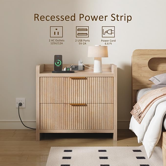 Fluted Nightstand with Charging Station, 23.6" Modern Night Stand with 2 Drawers, Side Table with Storage, Bedside Table for Bedroom, Living Room, Natural Oak