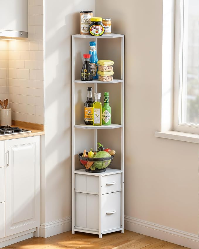 Housolution Corner Shelf Stand with Storage, 63.8'' Tall 6-Tier Corner Bookshelf Includes 2 Fabric Drawers, Freestanding Corners Storage Shelf for Living Room Bedroom Kitchen Bathroom (White)