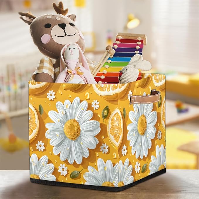 TropicalLife 13x13x13 Inch Large Fabric Storage Cube Lemon Daisy Foldable Storage Bin with Handles Organizer Boxes Cube Basket for Shelves Organizing Closet
