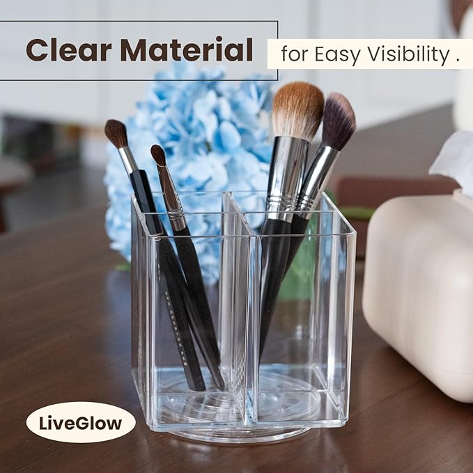 Clear Makeup Brush Holder,Acrylic Rotating 360°Makeup Brush Organizer,Pen holder with 4 Grids,Makeup Holder for Courtup,Containers for Desk,2pc