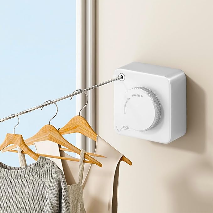 Retractable Clothesline Indoor, Non-Sagging Outdoor Clothes Drying Line Retracting Heavy Duty Clothes Drying Laundry Line Wall Mounted Stainless Steel Line - 15.6 Feet (Square White)