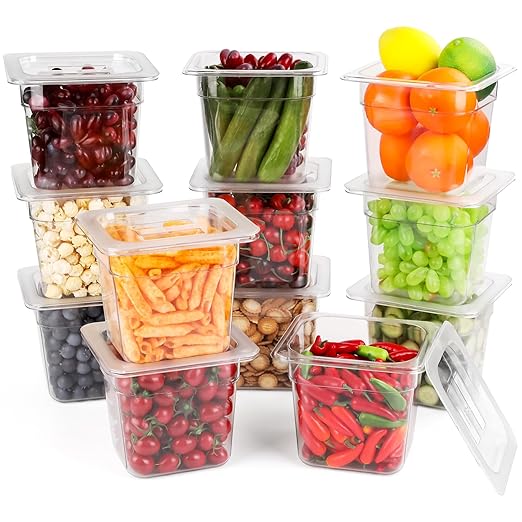 VOISEN 12 Pack Plastic Food Pan with Lids 1/6 Size 6 Inch Deep Commercial Food Storage Containers for Fridge Salad Fruits Vegetables Clear Restaurant Polycarbonate
