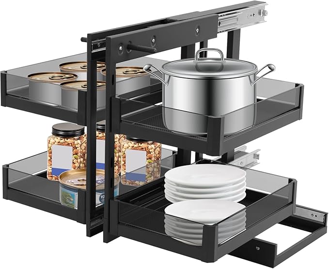 Corner Pull Out Organizer, Blind Corner Pull Out Organizer, 2 Tier Pullout Shelf Organizer for Blind Corner Kitchen/Bathroom Cabinets