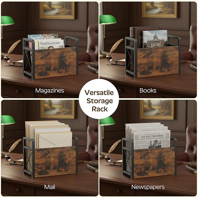 Magazine Holder, Magazine Rack Floor, Magazine Storage Basket, Magazine Rack for Desktop Home Office, Wooden Mail Organizer for Books, Newspapers, Mails, Rustic Brown and Black MR01BR