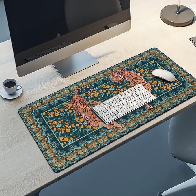 Vintage Floral Tiger Large Mouse Pad, Vintage Aesthetic Gaming Desk Mat, XXL Keyboard Desk Pad Mat for Desktop, 35.4"x15.7" Non-Slip Base Big Mousepad with Stitched Edges