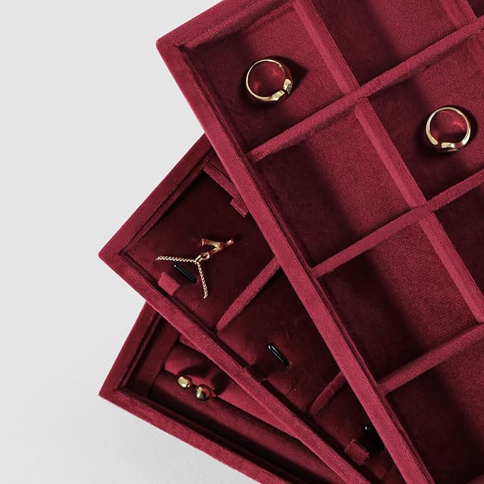 Velvet Stackable Jewelry Display Tray, 24 Grid Earring Ring Storage Tray, Drawer Divider Jewelry Accessories Organizer Plate (Red)