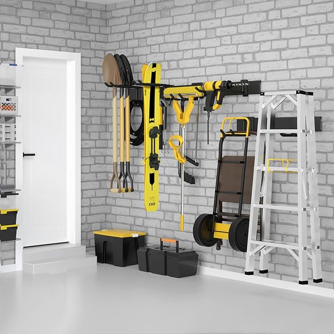 48" Garage Tool Organizer Wall Mount, 440lbs Garden Garage Storage Garage Organization with Adjustable Heavy Duty Hanging Hooks, Yard Rack Hanger System Shovel Rake Broom Ladder Holder, Men Gift