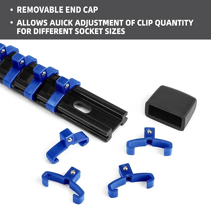 Socket Organizer Drive ABS Tools - Blue Socket Holder, Premium Quality 9 Pieces Socket Holders Kit 1/4-Inch x 48 Clips, 3/8-Inch x 45 Clips, 1/2-Inch x 36 Clips