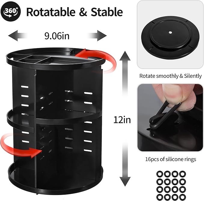 360 Rotating Makeup Organizer,DIY Adjustable Spinning Holder,Foldable Cosmetic Storage Display box,Large Capacity Make up Caddy Shelf,Fits Countertop Vanity and Bathroom (BLACK)