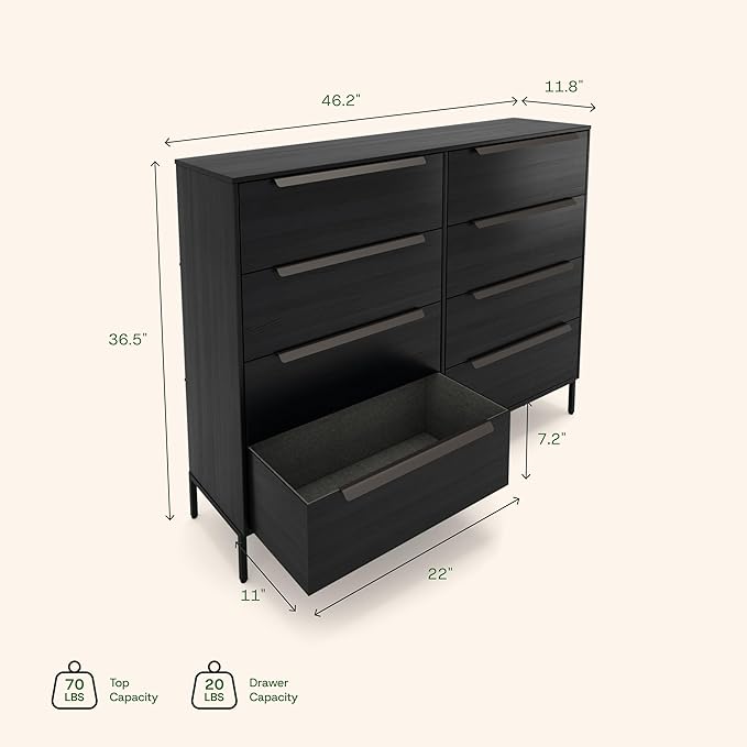 Lira Premium Fabric Dresser - Solid Wooden Frame, 8 Spacious Sag-Proof Drawers with Sleek Metal Handles - Premium & Durable Storage Solution for Your Home (Black)