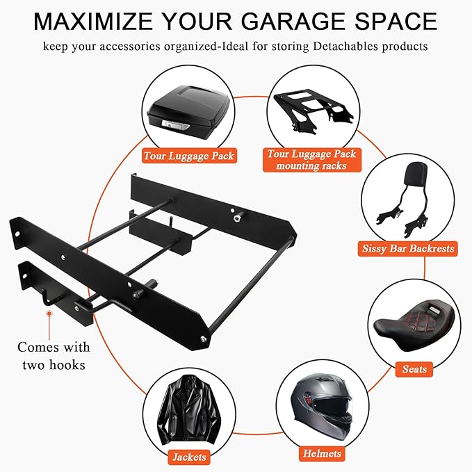 FOVPLUE Detach Depot Wall Storage Rack – Heavy-Duty Motorcycle Accessory Organizer for Harley Detachables Accessories,Tour Luggage Pack mounting racks,Sissy Bar Backrests,Luggage Racks,Seats,Helmets