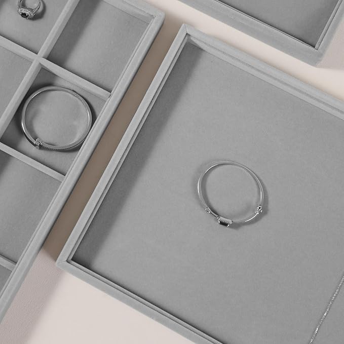 Velvet Stackable Jewelry Display Flat Tray For Ring Earring Necklace Bracelet, Bangle Pendant Storage Blank Plate, Shop Countertop Jewelry Dish Organizer (Gray)