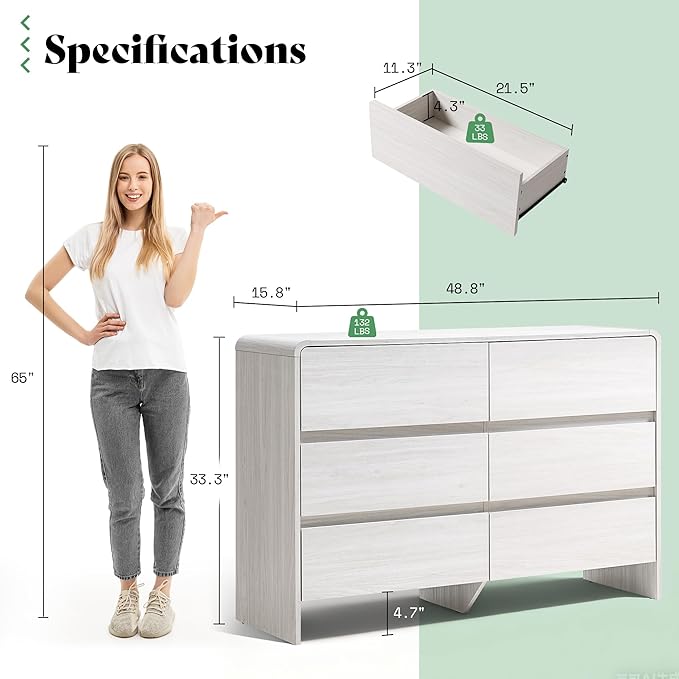 AMERLIFE 6 Drawer Dresser for Bedroom, 49" Long Modern Chest of Storage Drawers with Rounded Corners, Anti-Tip Kit, Wood Cabinet Organizer for Closet, Living Room, Nursery, Easy Assembly, White
