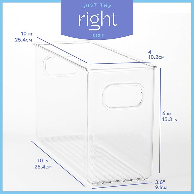 primebox Plastic Food Storage 4 Pack Clear Container Bin with Handles for Organizing Kitchen, Pantry, Refrigerator, Freezer, Pantry, Cabinet, Closet, Bathroom. 10”x4”x6”