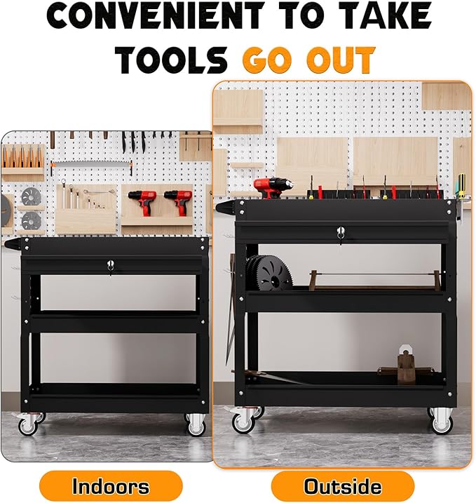 3 Tier Tool Cart on Wheels with Drawers - Three Tier Rolling Cart with Lockable Storage - Mechanic Tool Chest - Tool Chest with Wheels Used in Garage, Indoors, Workshop (Black)