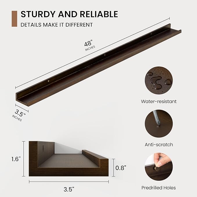 Picture Ledge Shelf, Floating Shelves Set of 2, 48 Inches Solid Wood Nursery Book Shelves for Toys Storage, Kids Bookshelf Wall Mounted for Living Room Bedroom Decor Books Photo Frames, Walnut