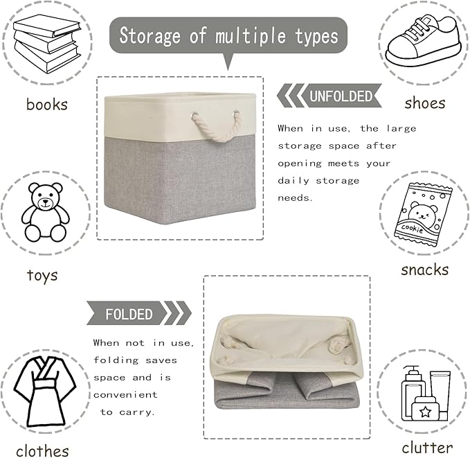 13x13x13 Storage Cubes Bins[6 Pack],Cube Storage Organizer Bins with Rope Handles, Eco-Friendly Linen Collapsible Organizers for Closet, Nursery, Toys, Office, Bathroom–Dual Color Design.(White&Grey)