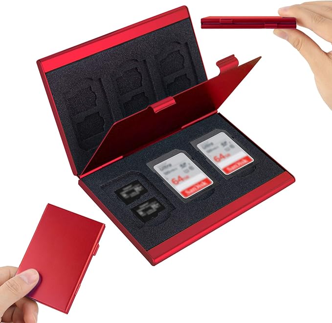 SD Card Holder, SD Card Case, LAVILI CF Memory Card Holder Case Aluminum Alloy Hard Shell, Double-Layer Capacity for 6SD Cards and 12 TF Cards Red Color