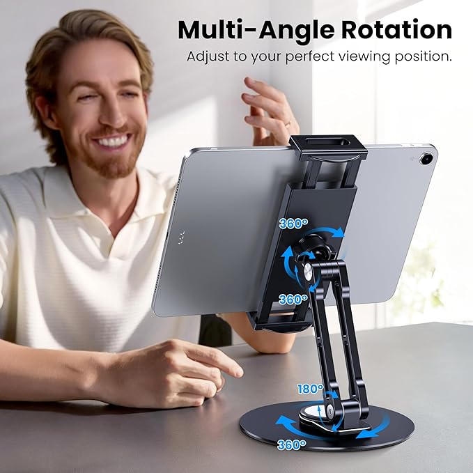 Tablet Stand Holder for iPad, Adjustable with 360 Rotating Base for Desk, Aluminum Swivel Tablet Stand Compatible with iPad Air, Mini, 10.2,9.7, Pro 11/13 and More