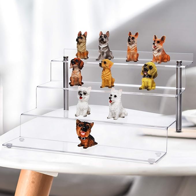 Acrylic Riser Shelf 4 Tier Clear Display Stand for Collectibles Pop Figures, Cupcakes, Perfumes, Display Risers for Decorating & Organizing - 11.8 x 10.8 x 6.5 in (Large, 4 Pack)