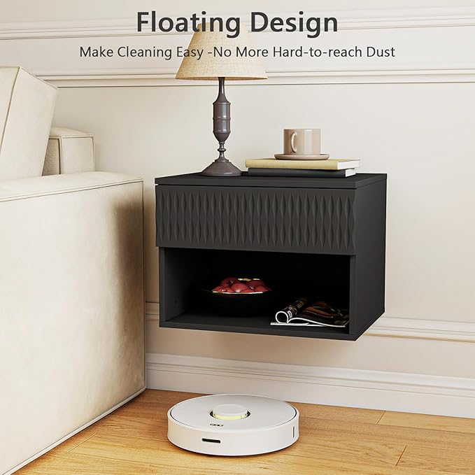 Vibe & Dine Floating Nightstand Set of 2, Wall Mounted Night Stand with Spiral Pattern Design, Modern Bedside Tables with Drawers for Bedroom, Easy Assembly, Black