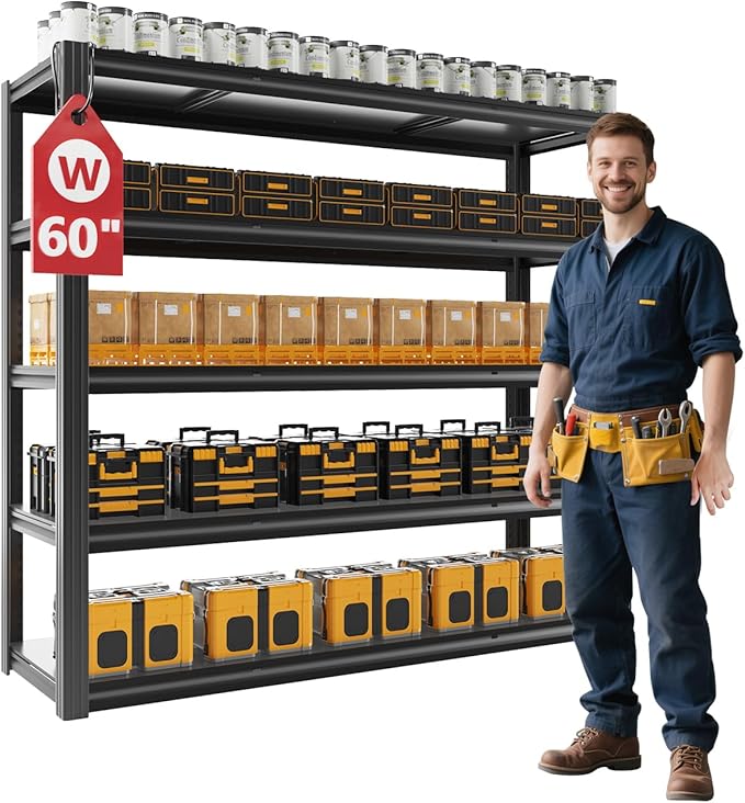 60" W Garage Shelving Heavy Duty,5 Tier Storage Shelves,3030LBS Adjustable Shelf Unit, Metal Garage Shelving for Warehouse Industrial Basement, 72" H × 60" W × 24" D, Black