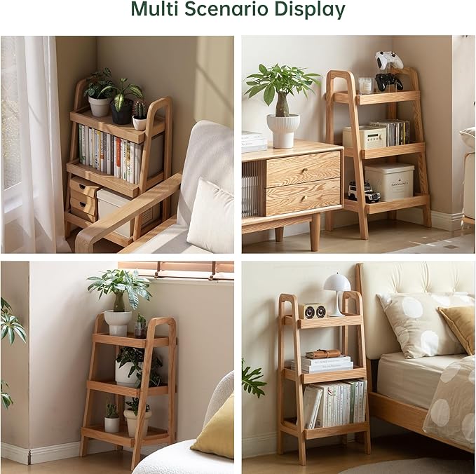100% Solid Oak 3 Tier Ladder Shelf, Small Bookshelf, Ladder Bookshelf, Bookcase with Stable Frame, Small Table for Living Room Bedroom(Natural, 12.6" L x 17.72" W x 31.5" H)
