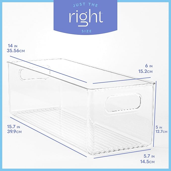 primebox Plastic Food Storage 4 Pack Clear Container Bin with Handles for Organizing Kitchen, Pantry, Fridge, Freezer, Pantry, Bathroom. 14"x6"5"