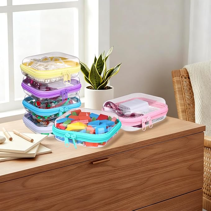 Sanwuta 6 Pcs Clear Hard Zipper Case Hard Plastic Zipper Pouches Transparent Makeup Bag Pencil Pouches for Travel Snacks Christmas Trinket Storage Organizer Box(Colorful,5 x 5 x 2 Inch)